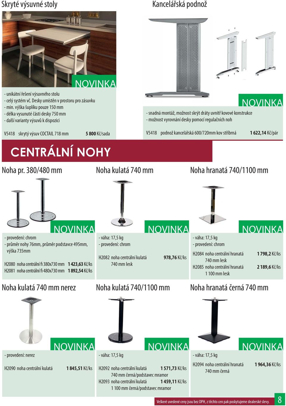 konstrukce - možnost vyrovnání desky pomocí regulačních noh V5418 podnož kancelářská 600/720mm kov stříbrná 1 622,14 Kč/pár CENTRÁLNÍ NOHY Noha pr.