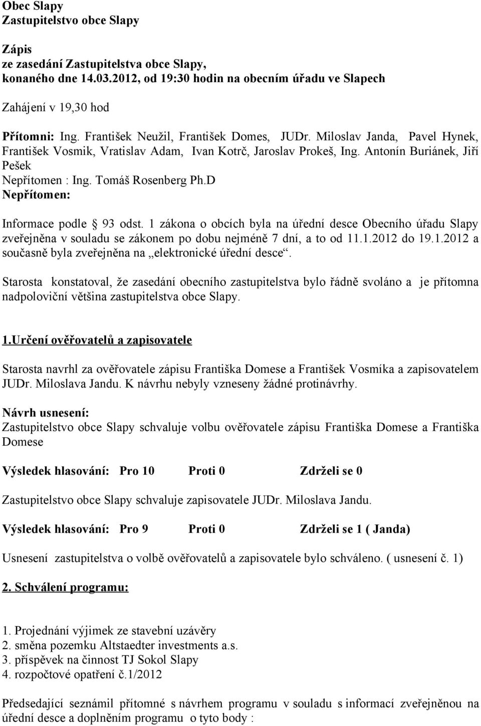 Tomáš Rosenberg Ph.D Nepřítomen: Informace podle 93 odst. 1 zákona o obcích byla na úřední desce Obecního úřadu Slapy zveřejněna v souladu se zákonem po dobu nejméně 7 dní, a to od 11.1.2012 do 19.1.2012 a současně byla zveřejněna na elektronické úřední desce.