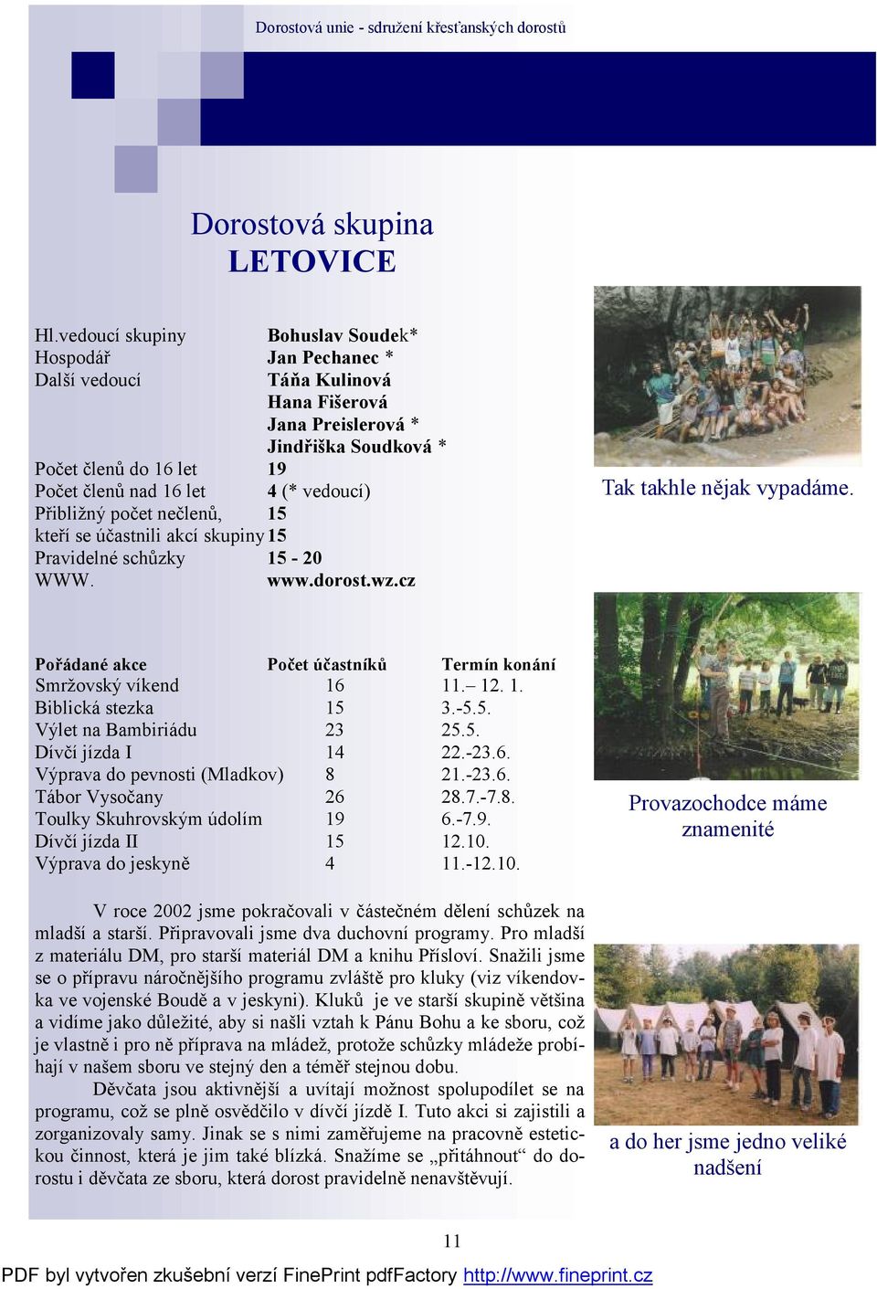 vedoucí) Přibližný počet nečlenů, 15 kteří se účastnili akcí skupiny 15 Pravidelné schůzky 15-20 WWW. www.dorost.wz.cz Tak takhle nějak vypadáme.
