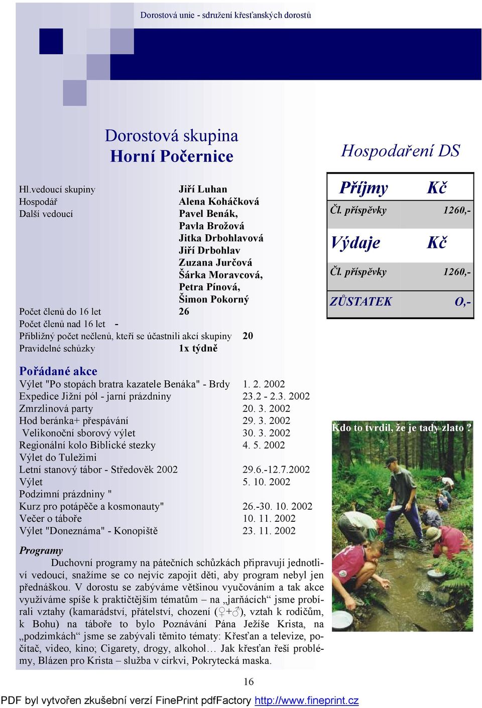 bratra kazatele Benáka" - Brdy 1. 2. 2002 Expedice Jižní pól - jarní prázdniny 23.2-2.3. 2002 Zmrzlinová party 20. 3. 2002 Hod beránka+ přespávání 29. 3. 2002 Velikonoční sborový výlet 30. 3. 2002 Regionální kolo Biblické stezky 4.