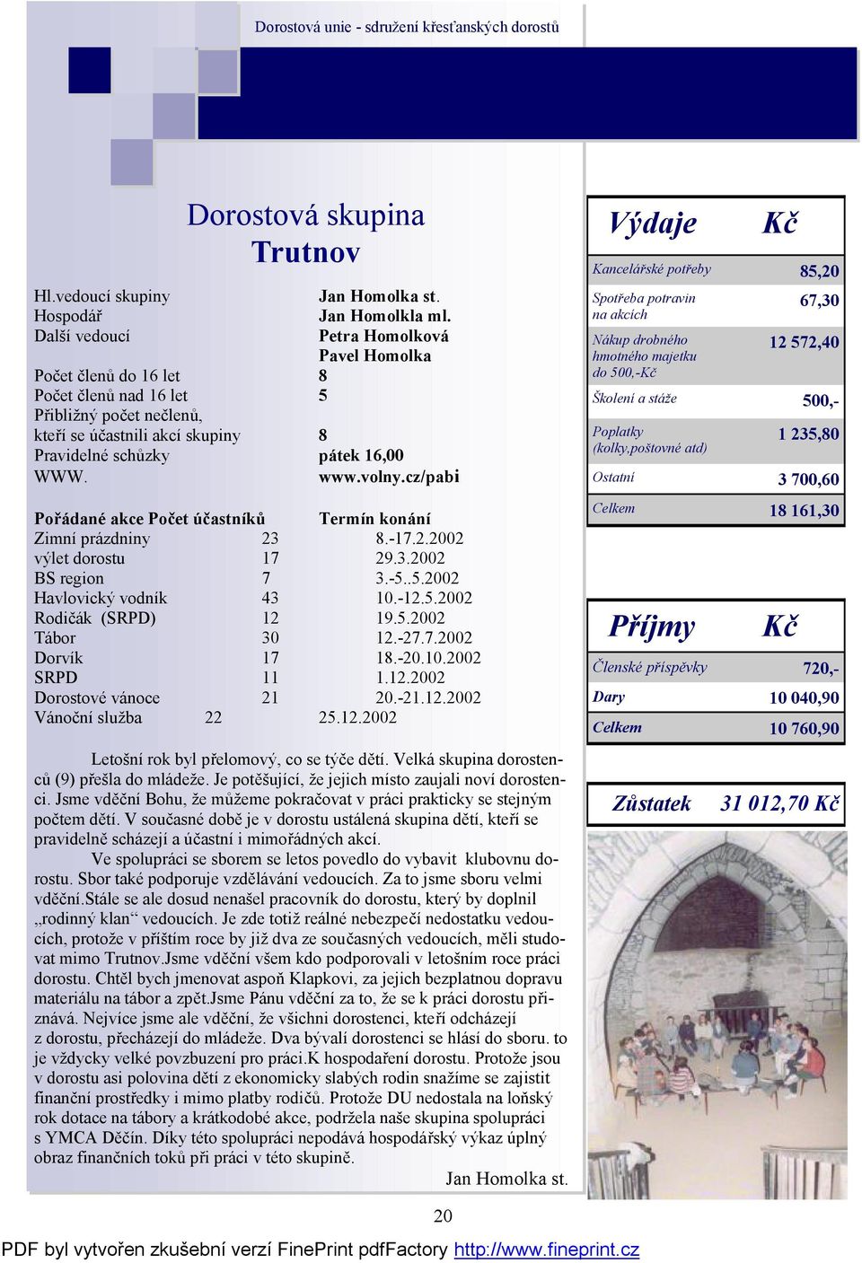 -5..5.2002 Havlovický vodník 43 10.-12.5.2002 Rodičák (SRPD) 12 19.5.2002 Tábor 30 12.-27.7.2002 Dorvík 17 18.-20.10.2002 SRPD 11 1.12.2002 Dorostové vánoce 21 20.-21.12.2002 Vánoční služba 22 25.12.2002 Letošní rok byl přelomový, co se týče dětí.