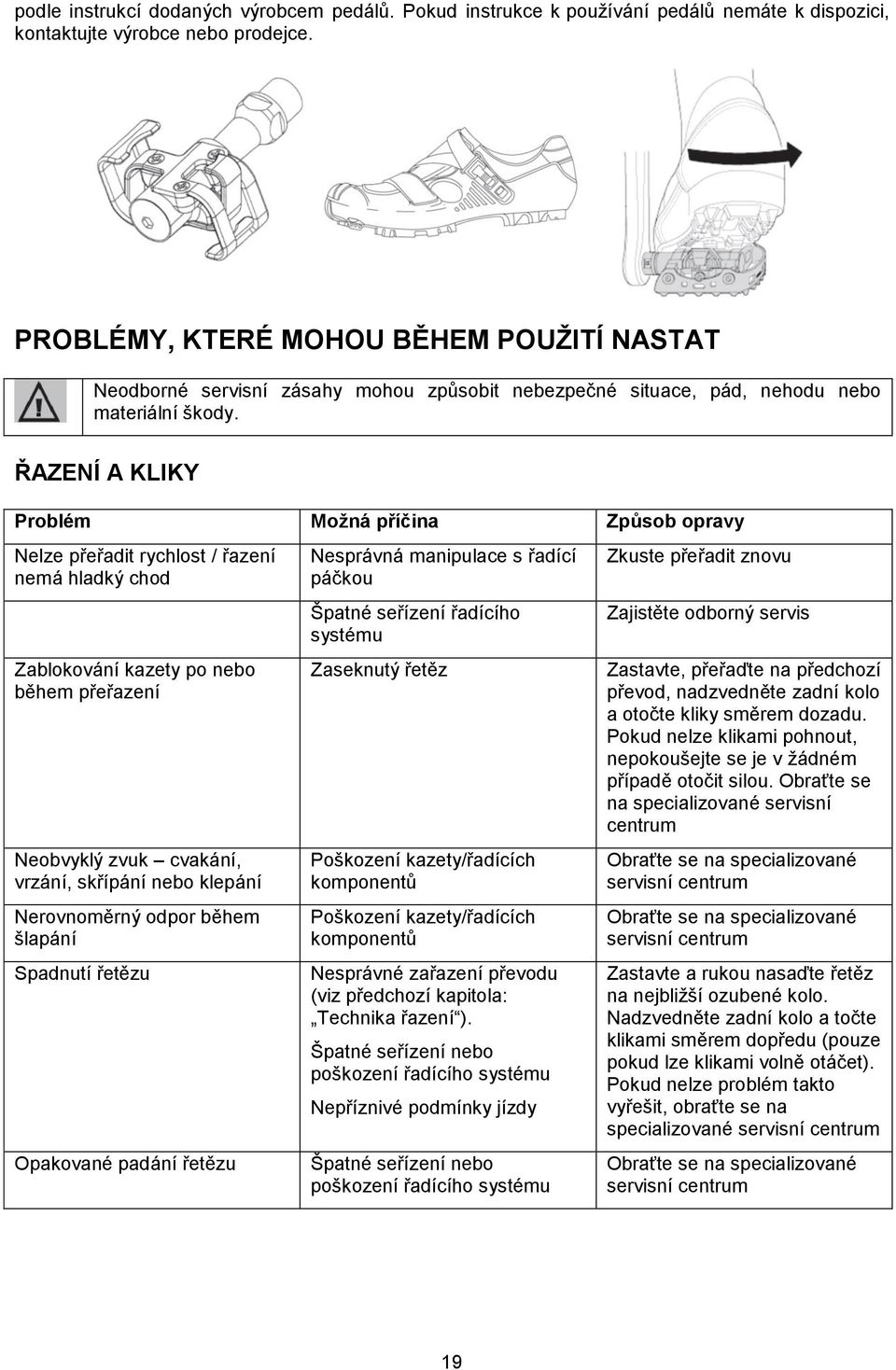 ŘAZENÍ A KLIKY Problém Možná příčina Způsob opravy Nelze přeřadit rychlost / řazení nemá hladký chod Zablokování kazety po nebo během přeřazení Neobvyklý zvuk cvakání, vrzání, skřípání nebo klepání