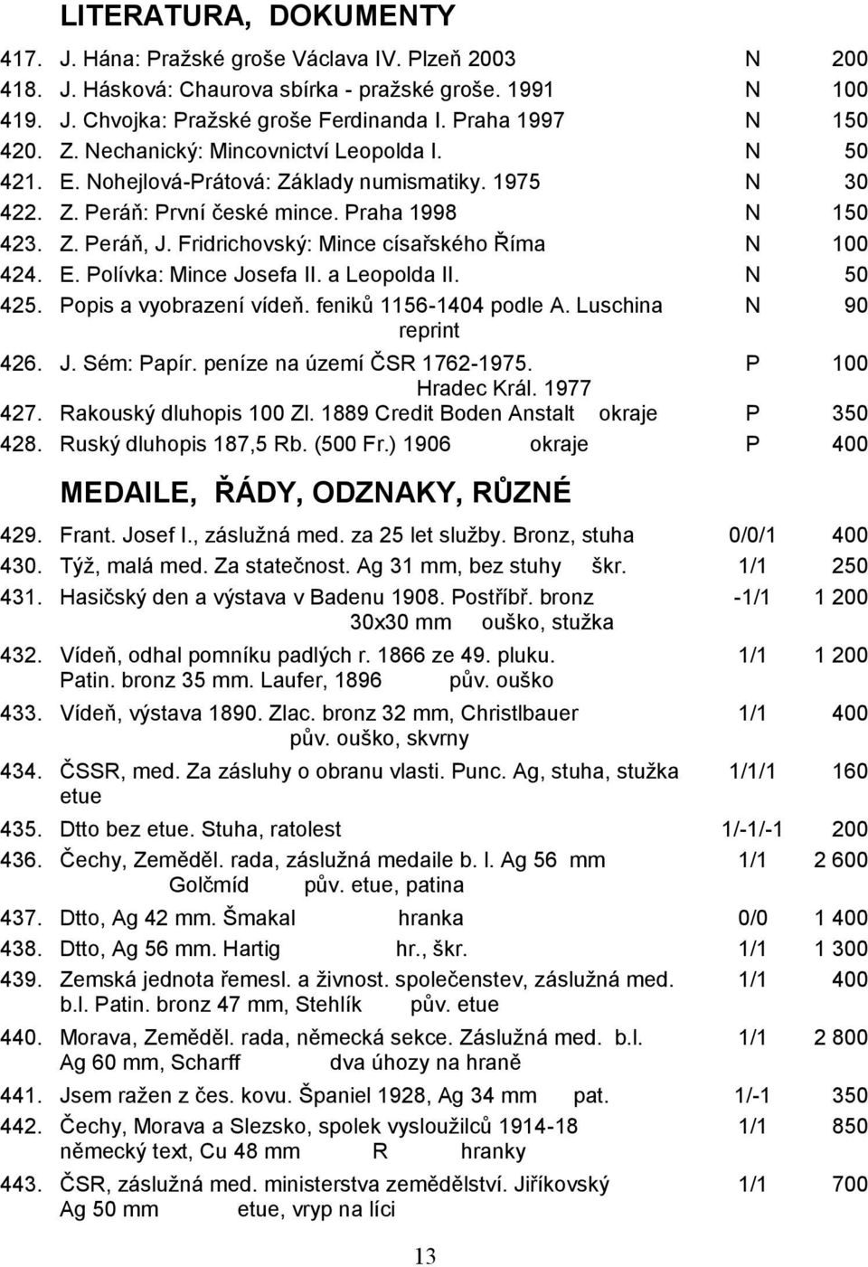 Fridrichovský: Mince císařského Říma N 100 424. E. Polívka: Mince Josefa II. a Leopolda II. N 50 425. Popis a vyobrazení vídeň. feniků 1156-1404 podle A. Luschina reprint N 90 426. J. Sém: Papír.