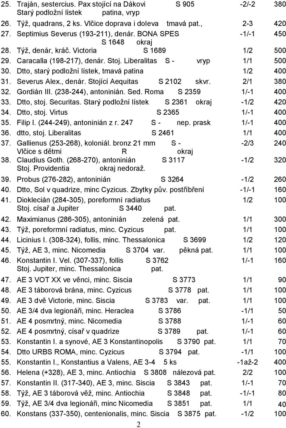 Dtto, starý podložní lístek, tmavá patina 1/2 400 31. Severus Alex., denár. Stojící Aequitas S 2102 skvr. 2/1 380 32. Gordián III. (238-244), antoninián. Sed. Roma S 2359 1/-1 400 33. Dtto, stoj.