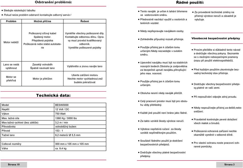 Motor neběží Lano se nedá vytáhnout Motor se přehřívá Poškozený síťový kabel Spálený motor.