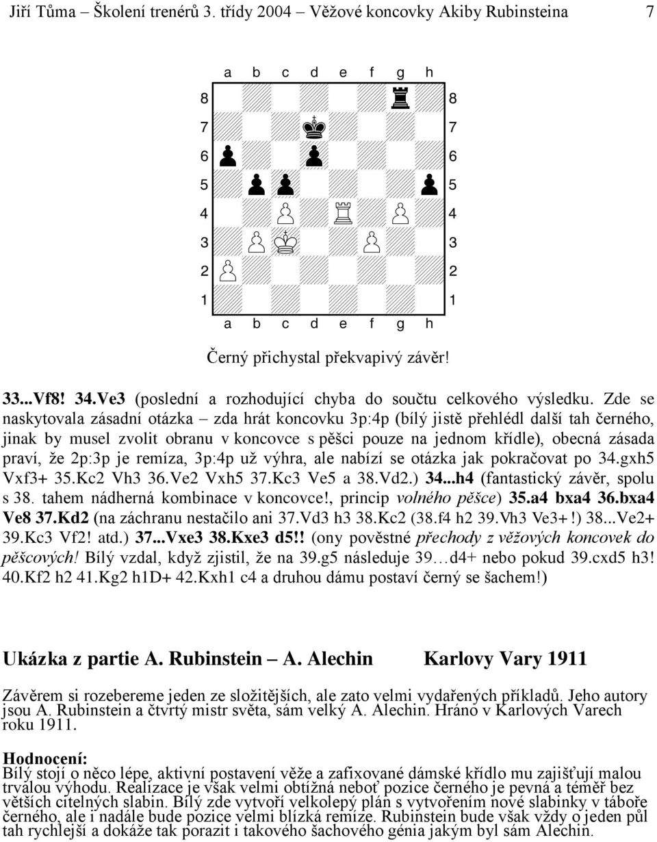 Zde se naskytovala zásadní otázka zda hrát koncovku 3p:4p (bílý jistě přehlédl další tah černého, jinak by musel zvolit obranu v koncovce s pěšci pouze na jednom křídle), obecná zásada praví, že