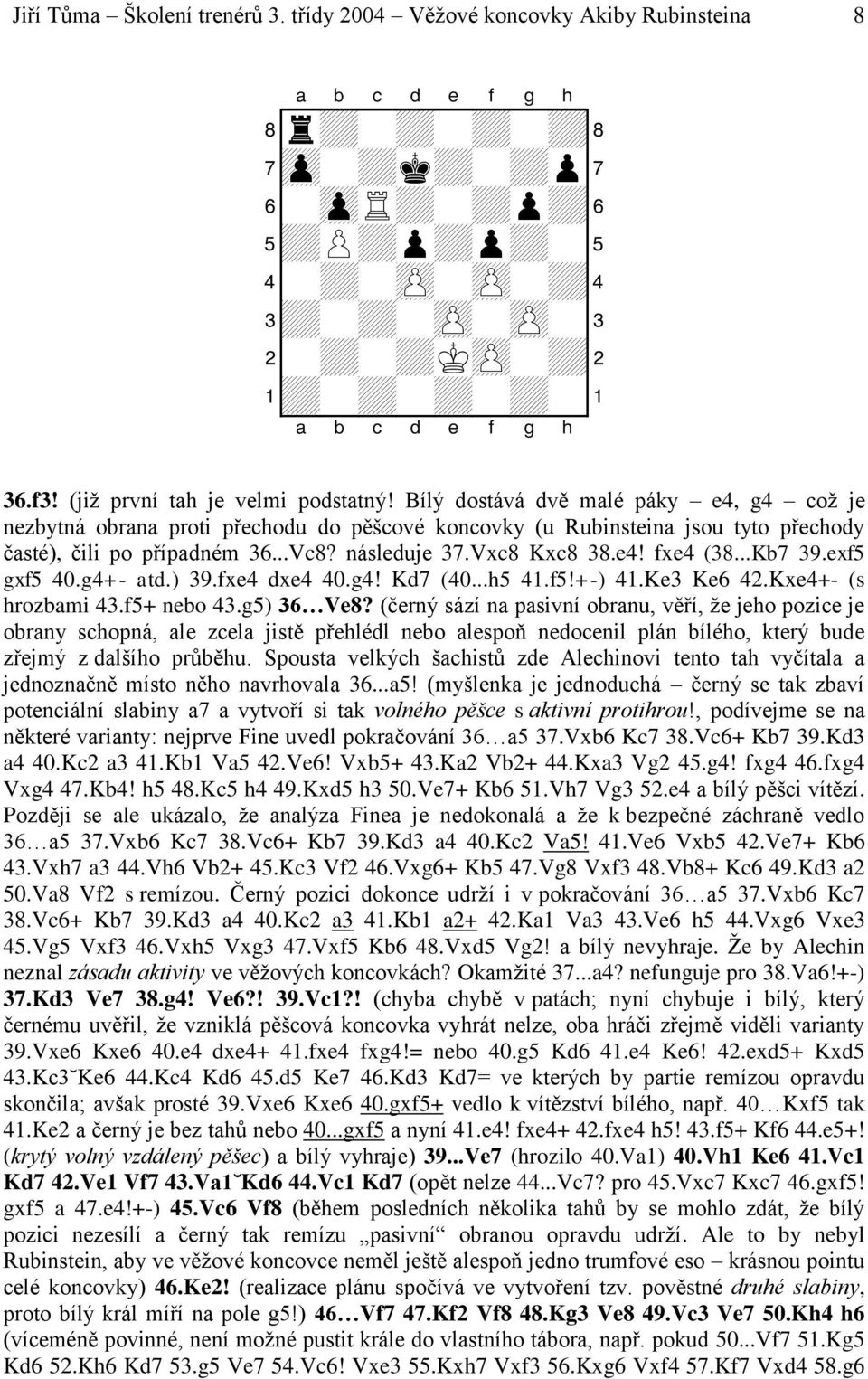 následuje 37.Vxc8 Kxc8 38.e4! fxe4 (38...Kb7 39.exf5 gxf5 40.g4+- atd.) 39.fxe4 dxe4 40.g4! Kd7 (40...h5 41.f5!+-) 41.Ke3 Ke6 42.Kxe4+- (s hrozbami 43.f5+ nebo 43.g5) 36 Ve8?