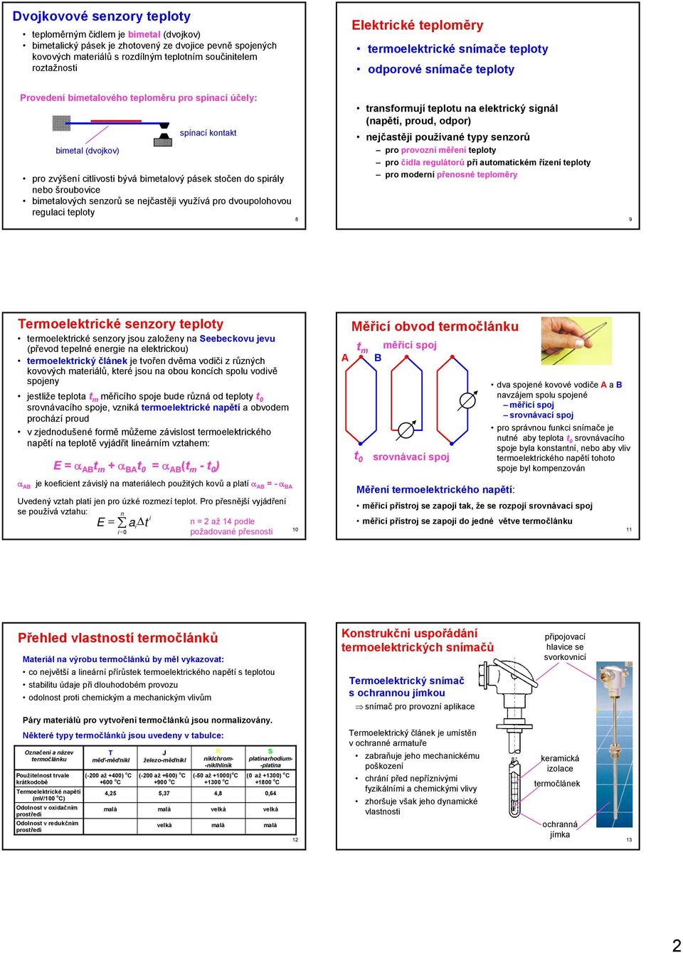 stočen do spirály nebo šroubovice bimetalových senzorů se nejčastěji využívá pro dvoupolohovou regulaci teploty 8 transformují teplotu na elektrický signál (napětí, proud, odpor) nejčastěji používané