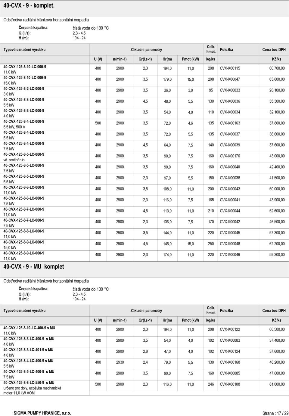 vč. protipřírub 40CVX12585LC0009 kw 40CVX12585LC0009 kw 40CVX12586LC0009 kw 40CVX12586LC0009 kw 40CVX12587LC0009 kw 40CVX12587LC0009 kw 40CVX12588LC0009 kw 40CVX12589LC0009 15,0 kw 40CVX12589LC0009