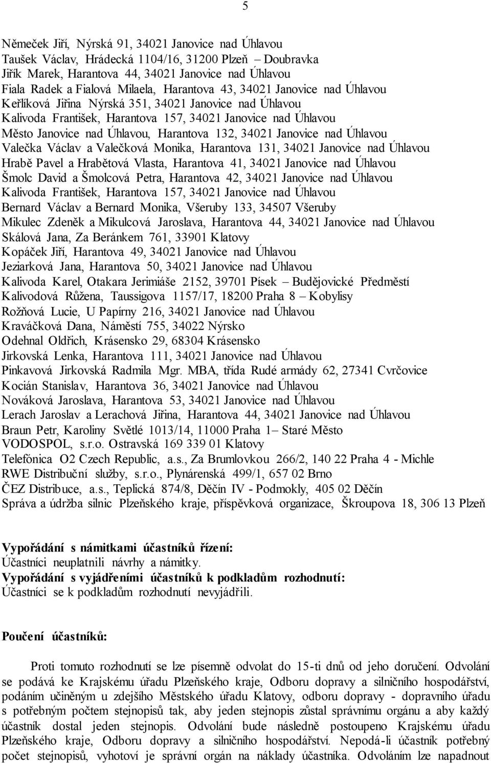 132, 34021 Janovice nad Úhlavou Valečka Václav a Valečková Monika, Harantova 131, 34021 Janovice nad Úhlavou Hrabě Pavel a Hrabětová Vlasta, Harantova 41, 34021 Janovice nad Úhlavou Šmolc David a