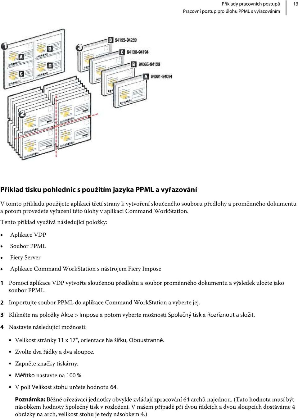 Tento příklad využívá následující položky: Aplikace VDP Soubor PPML Fiery Server Aplikace Command WorkStation s nástrojem Fiery Impose 1 Pomocí aplikace VDP vytvořte sloučenou předlohu a soubor