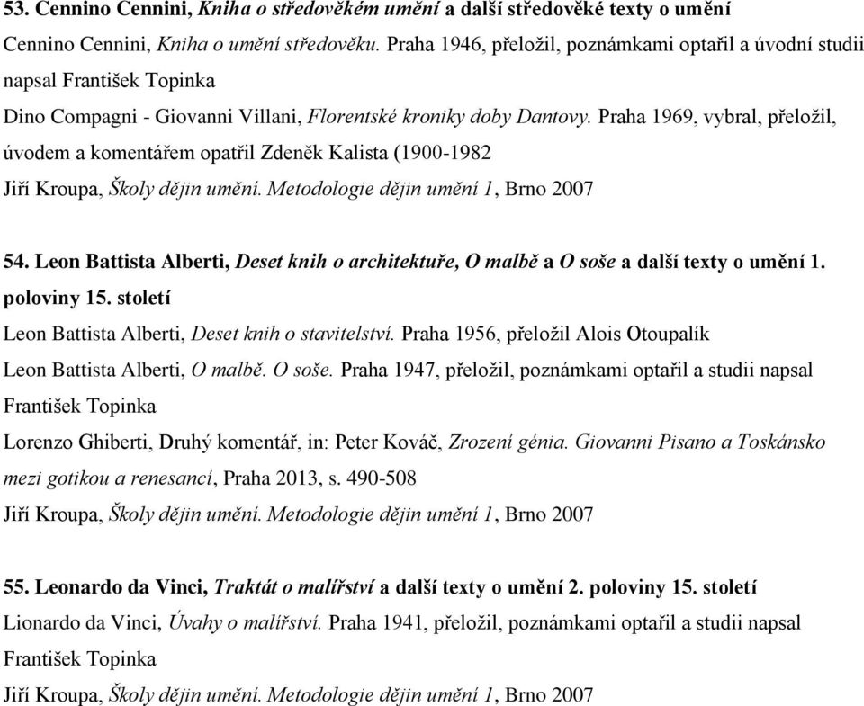 Praha 1969, vybral, přeložil, úvodem a komentářem opatřil Zdeněk Kalista (1900-1982 54. Leon Battista Alberti, Deset knih o architektuře, O malbě a O soše a další texty o umění 1. poloviny 15.