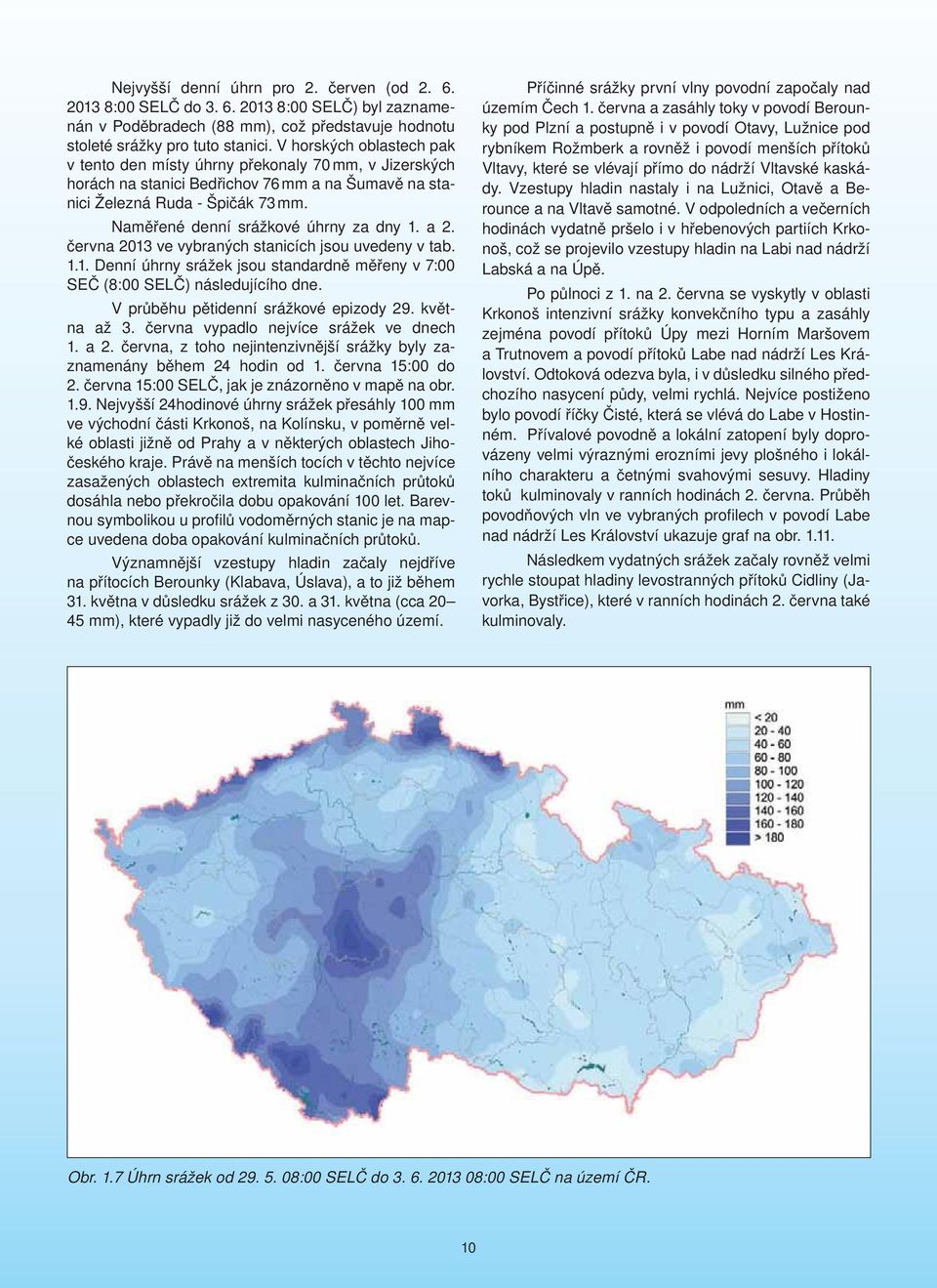 Naměřené denní srážkové úhrny za dny 1. a 2. června 2013 ve vybraných stanicích jsou uvedeny v tab. 1.1. Denní úhrny srážek jsou standardně měřeny v 7:00 SEČ (8:00 SELČ) následujícího dne.