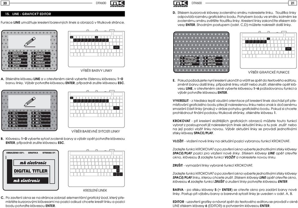 C,D) mùžete nakreslit další linky. VÝBÌR BARVY LINKY A. Stisknìte klávesu LINE a v otevøeném oknì vyberte èíslenou klávesou 1 0 barvu linky.