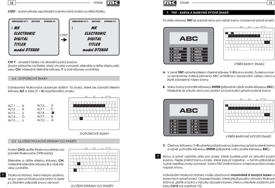 6.4 DOPLÒKOVÉ ZNAKY Databanka titulkovaèe obsahuje dalších 10 znakù, které lze zobrazit stiskem klávesy ALT a èísla (1 0) doplòkového znaku: VÝBÌR BARVY ZNAKÙ A.