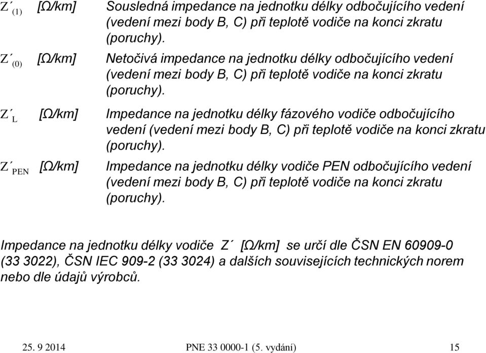 Z L [Ω/km] Impedance na jednotku délky fázového vodiče odbočujícího vedení (vedení mezi body B, C) při teplotě vodiče na konci zkratu (poruchy).