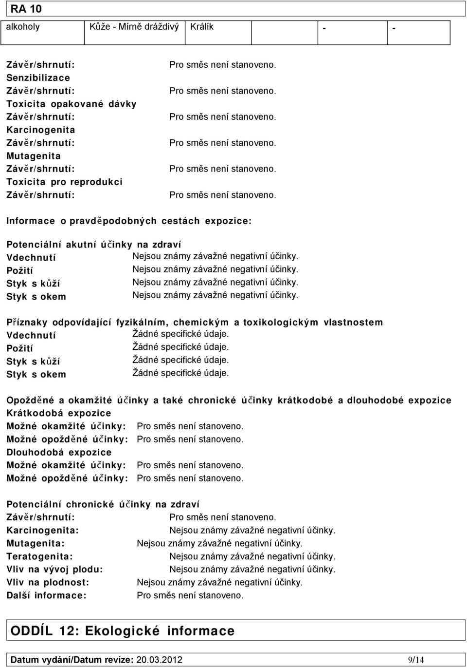 toxikologickým vlastnostem Vdechnutí Žádné specifické údaje. Požití Žádné specifické údaje. Styk s kůží Žádné specifické údaje. Styk s okem Žádné specifické údaje.