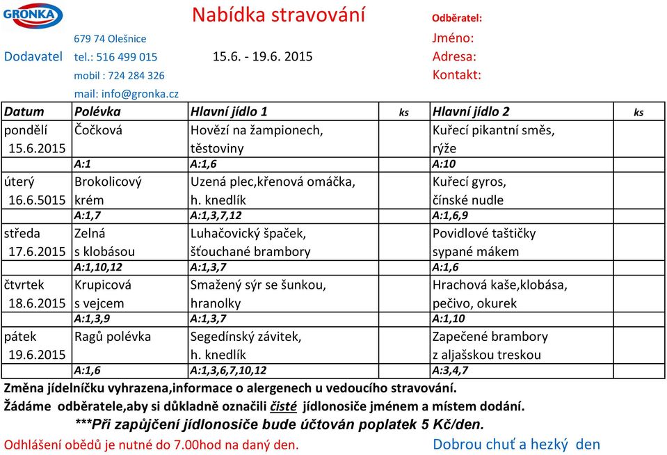 205 těstoviny rýže A: A:,6 A:0 úterý Brokolicový Uzená plec,křenová omáčka, Kuřecí gyros,.6.505 krém h. knedlík čínské nudle A:,7 A:, A:,6,9 středa Zelná Luhačovický špaček, Povidlové taštičky 7.6.205 s klobásou šťouchané brambory sypané mákem A:,0, A: A:,6 čtvrtek Krupicová Smažený sýr se šunkou, Hrachová kaše,klobása, 8.