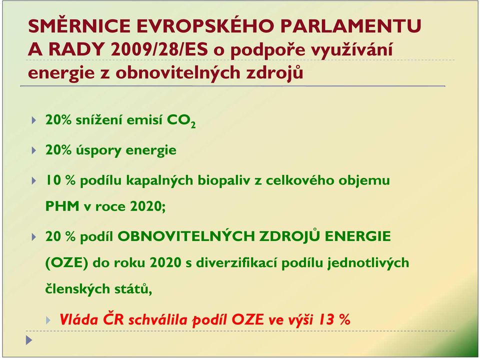 biopaliv z celkového objemu PHM v roce 2020; 20 % podíl OBNOVITELNÝCH ZDROJŮ ENERGIE (OZE)