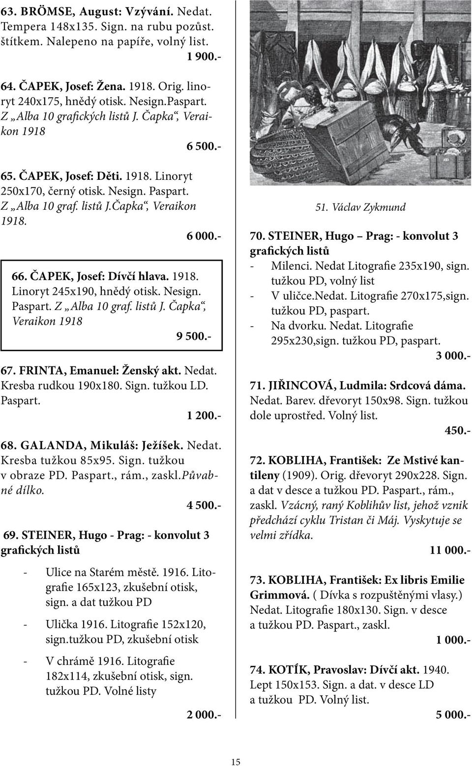 - 66. ČAPEK, Josef: Dívčí hlava. 1918. Linoryt 245x190, hnědý otisk. Nesign. Paspart. Z Alba 10 graf. listů J. Čapka, Veraikon 1918 9 500.- 67. FRINTA, Emanuel: Ženský akt. Nedat.
