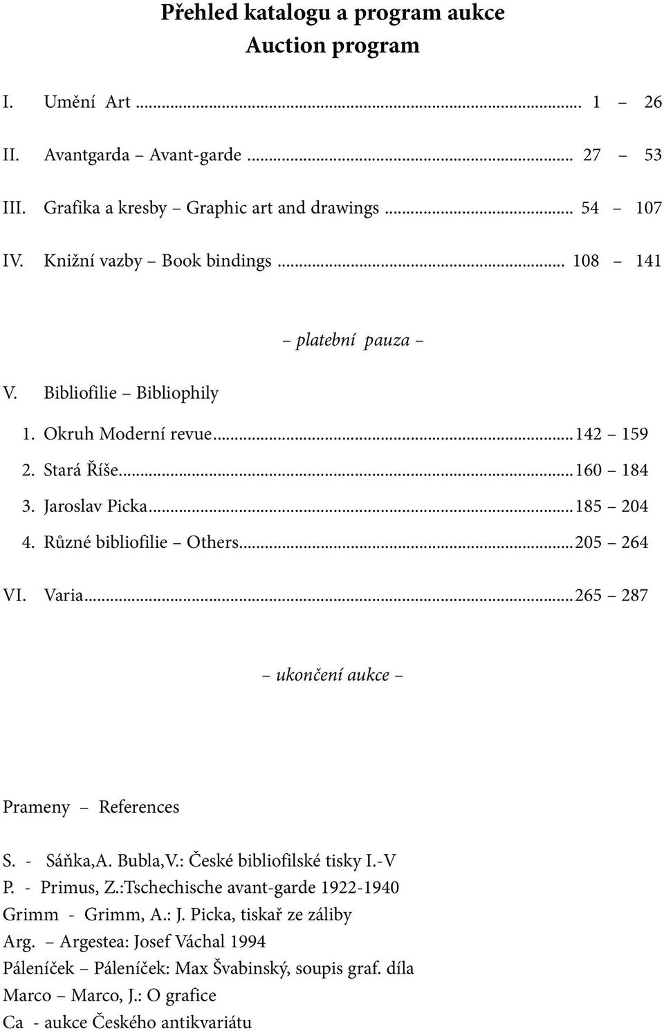 Různé bibliofilie Others...205 264 VI. Varia...265 287 ukončení aukce Prameny References S. - Sáňka,A. Bubla,V.: České bibliofilské tisky I.-V P. - Primus, Z.