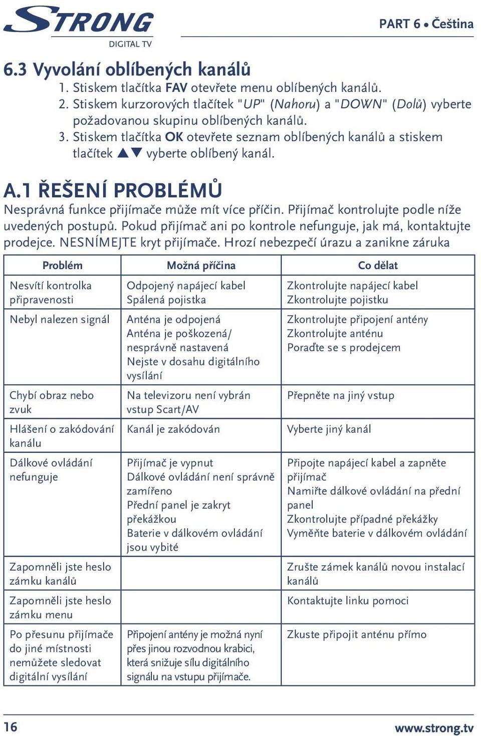Přijímač kontrolujte podle níže uvedených postupů. Pokud přijímač ani po kontrole nefunguje, jak má, kontaktujte prodejce. NESNÍMEJTE kryt přijímače.