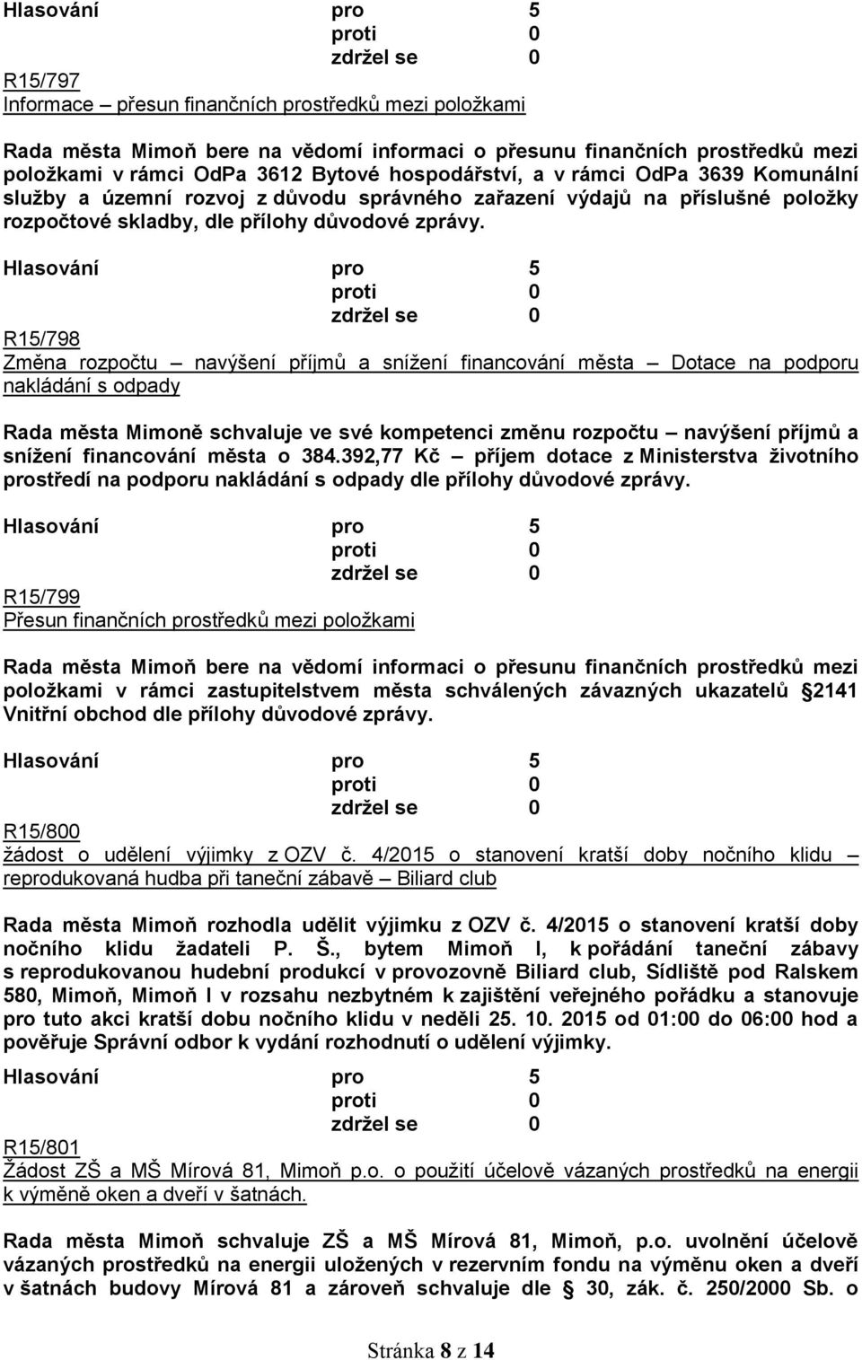 R15/798 Změna rozpočtu navýšení příjmů a snížení financování města Dotace na podporu nakládání s odpady Rada města Mimoně schvaluje ve své kompetenci změnu rozpočtu navýšení příjmů a snížení