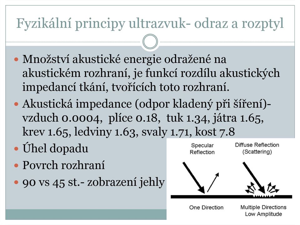 Akustická impedance (odpor kladený při šíření)- vzduch 0.0004, plíce 0.18, tuk 1.34,játra 1.