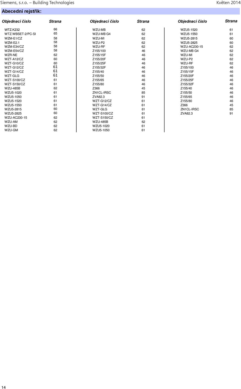 1 58 WZU-P2 62 WZU5-2825 60 WZM-E34/CZ 58 WZU-RF 62 WZU-AC230-15 62 WZM-E54/CZ 58 Z155/100 46 WZU-MB G4 62 WZR-NE 62 Z155/15F 46 WZU-MI 62 WZT-A12/CZ 60 Z155/20F 46 WZU-P2 62 WZT-G10/CZ 60 Z155/25F