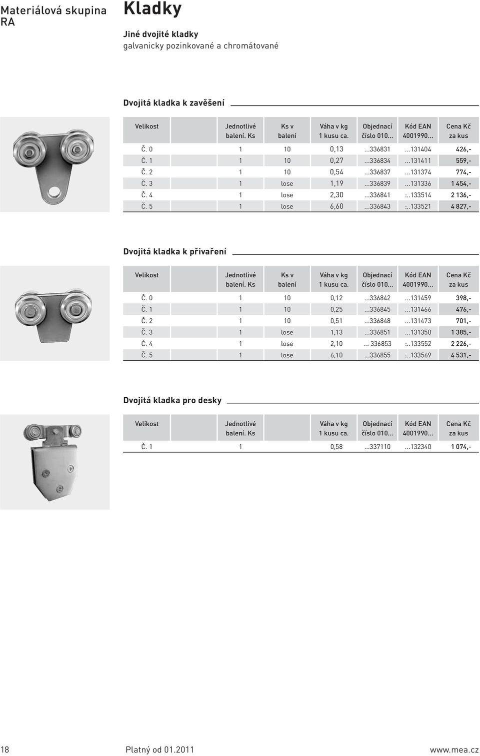 .3352 42,- 559,- 774,- 454,- 2 3,- 4 827,- Dvojitá kladka k přivaření Ks v balení kusu ca. číslo 00... 400990... 0 0,2...33842...3459 398,- Č. 0 0,25...33845.