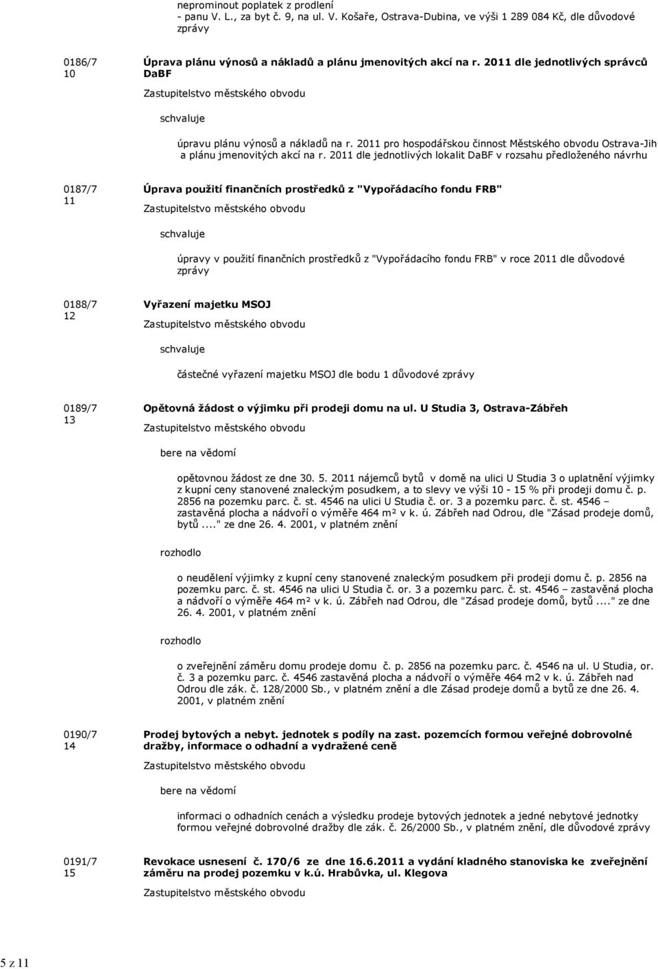 2011 dle jednotlivých loklit DBF v rozshu předloženého návrhu 0187/7 11 Úprv použití finnčních prostředků z "Vypořádcího fondu FRB" úprvy v použití finnčních prostředků z "Vypořádcího fondu FRB" v