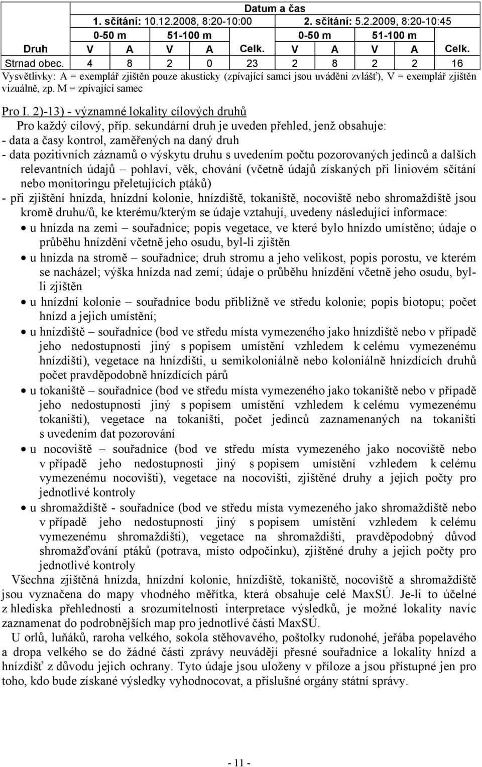 2)-13) - významné lokality cílových druhů Pro každý cílový, příp.