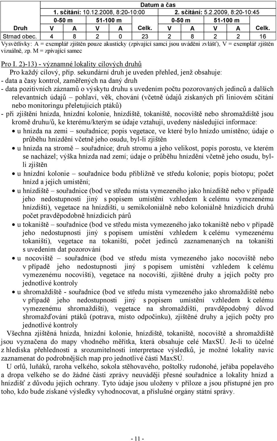 2)-13) - významné lokality cílových druhů Pro každý cílový, příp.