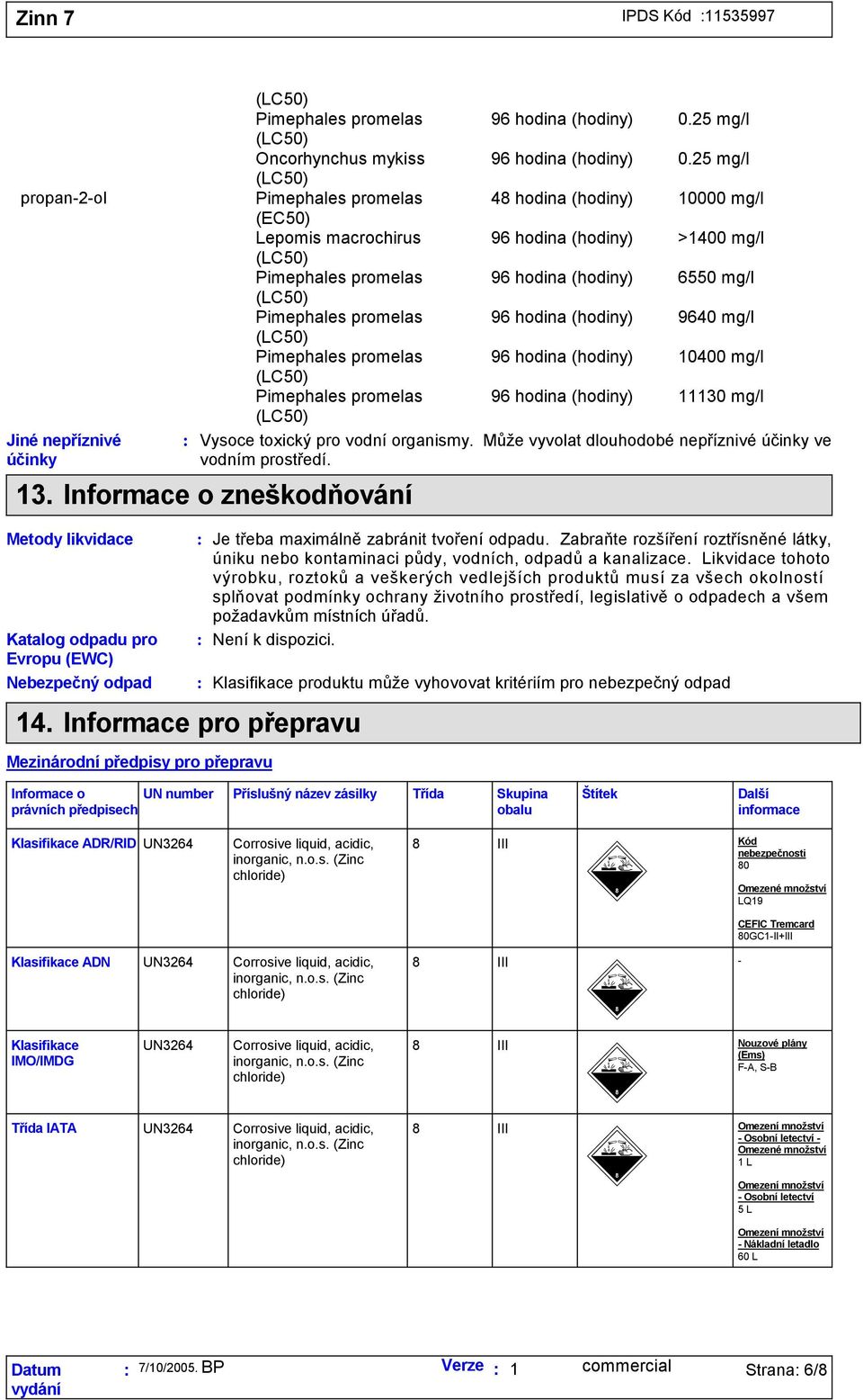 promelas 11130 mg/l Vysoce toxický pro vodní organismy. Může vyvolat dlouhodobé nepříznivé účinky ve vodním prostředí.