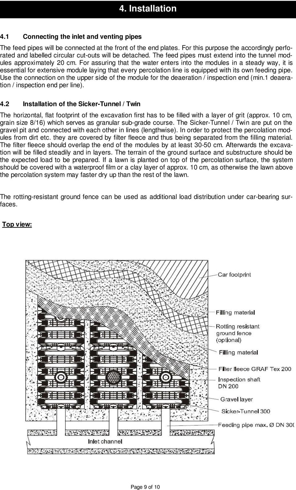 For assuring that the water enters into the modules in a steady way, it is essential for extensive module laying that every percolation line is equipped with its own feeding pipe.