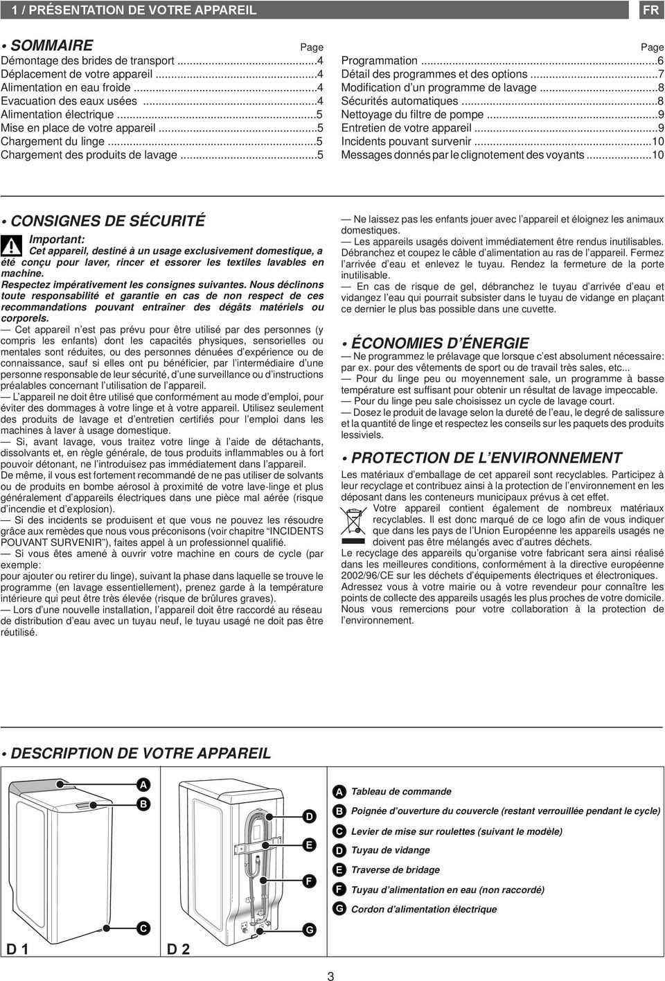 ..7 Modifi cation d un programme de lavage...8 Sécurités automatiques...8 Nettoyage du filtre de pompe...9 Entretien de votre appareil...9 Incidents pouvant survenir.