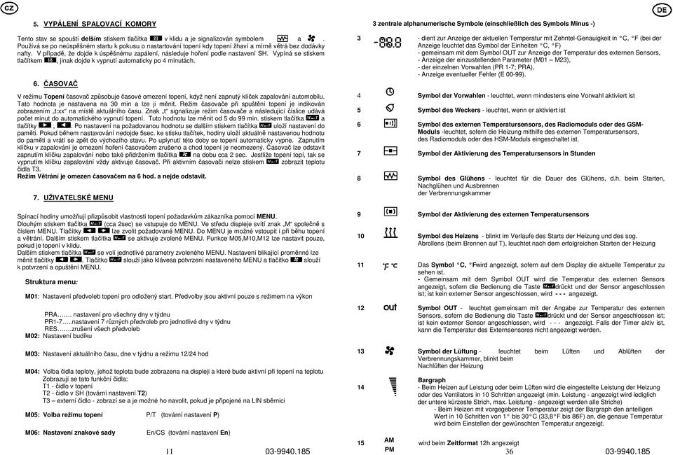 Vypíná se stiskem tlačítkem, jinak dojde k vypnutí automaticky po 4 minutách. 6. ČASOVAČ V režimu Topení časovač způsobuje časové omezení topení, když není zapnutý klíček zapalování automobilu.