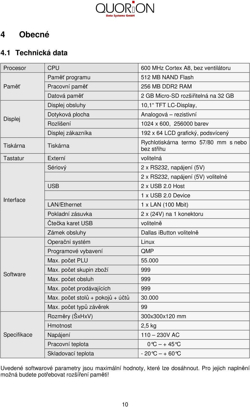 Tastatur Externí volitelná Interface Software Specifikace Sériový USB LAN/Ethernet Pokladní zásuvka Čtečka karet USB Zámek obsluhy Operační systém Programové vybavení 512 MB NAND Flash 256 MB DDR2