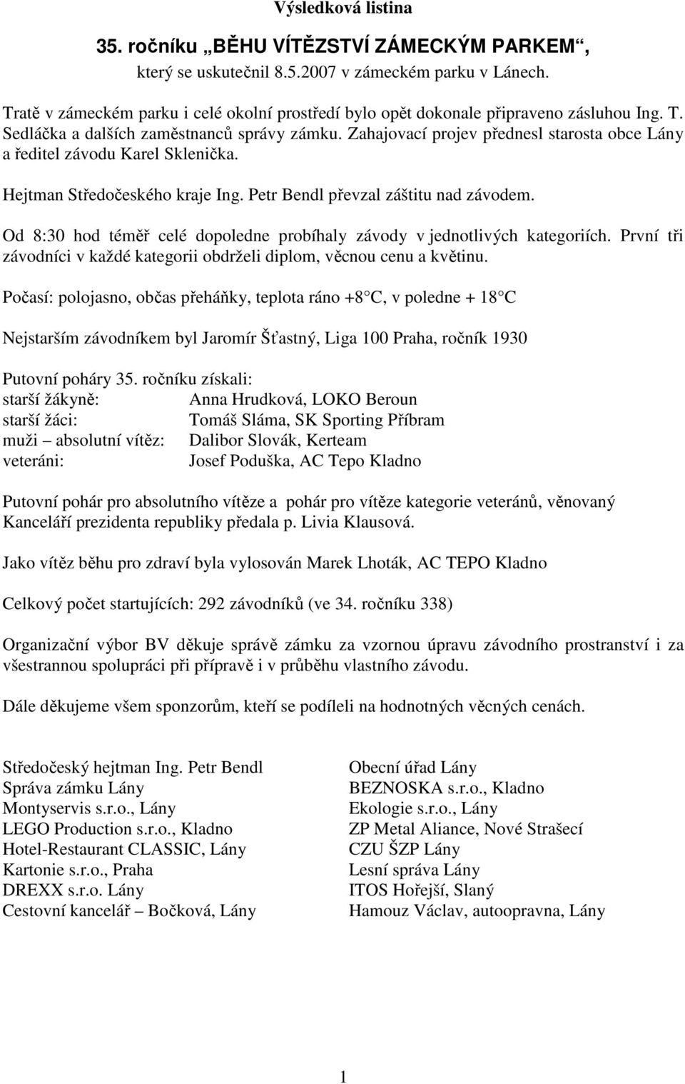 Zahajovací projev přednesl starosta obce Lány a ředitel závodu Karel Sklenička. Hejtman Středočeského kraje Ing. Petr Bendl převzal záštitu nad závodem.