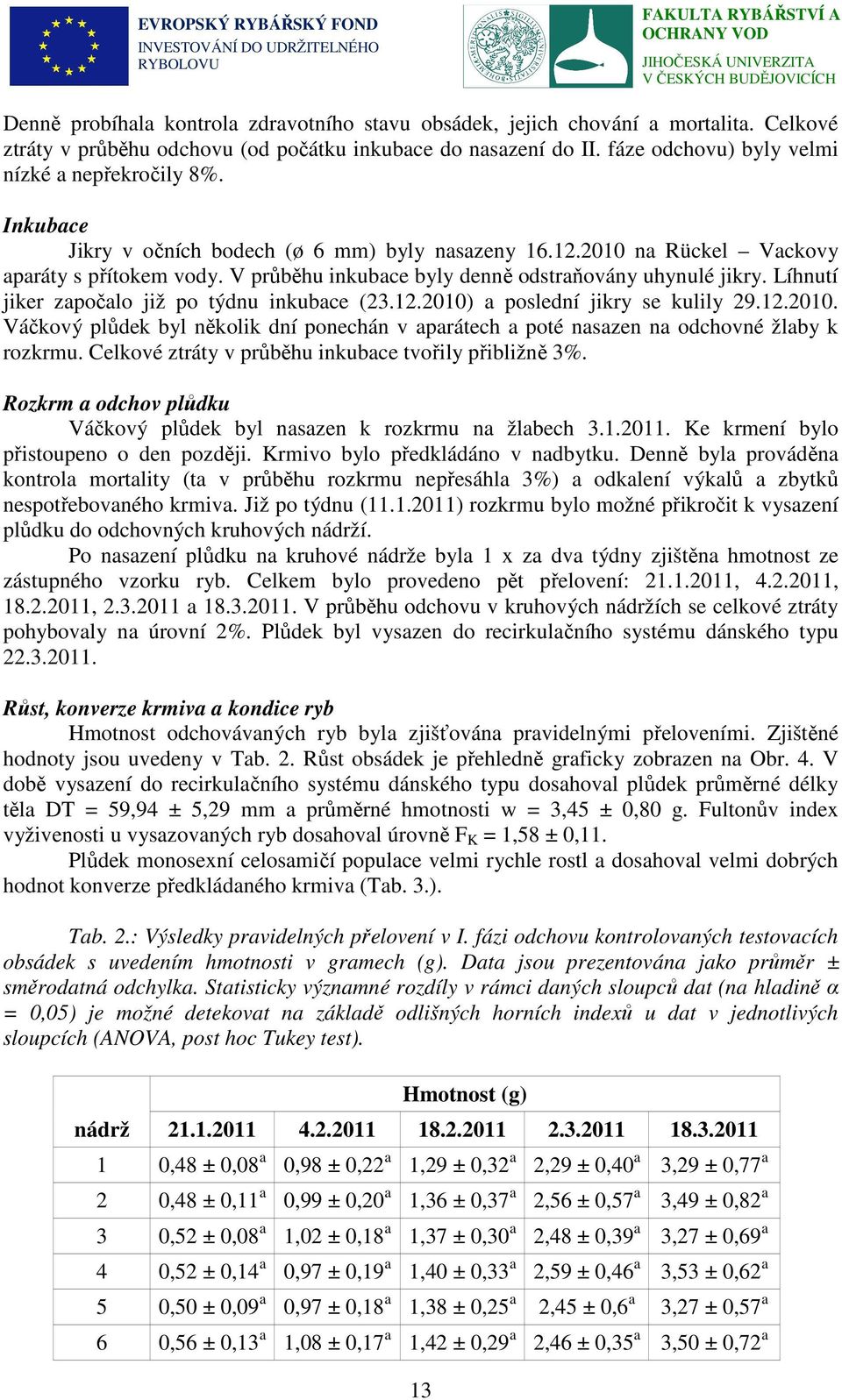 V průběhu inkubace byly denně odstraňovány uhynulé jikry. Líhnutí jiker započalo již po týdnu inkubace (23.12.2010)