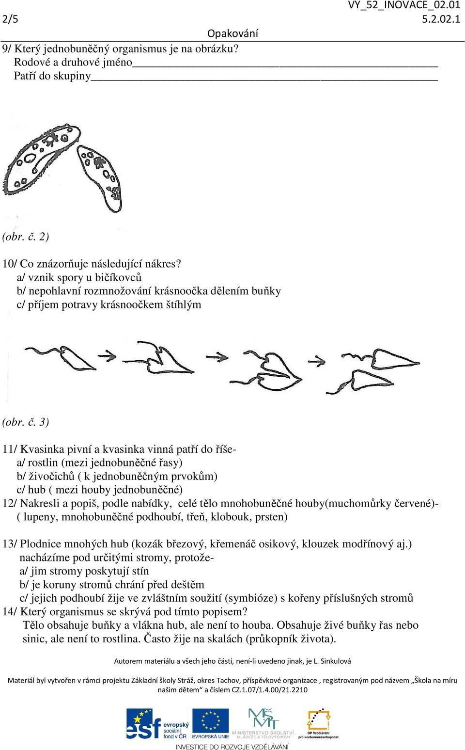 3) 11/ Kvasinka pivní a kvasinka vinná patří do říšea/ rostlin (mezi jednobuněčné řasy) b/ živočichů ( k jednobuněčným prvokům) c/ hub ( mezi houby jednobuněčné) 12/ Nakresli a popiš, podle nabídky,