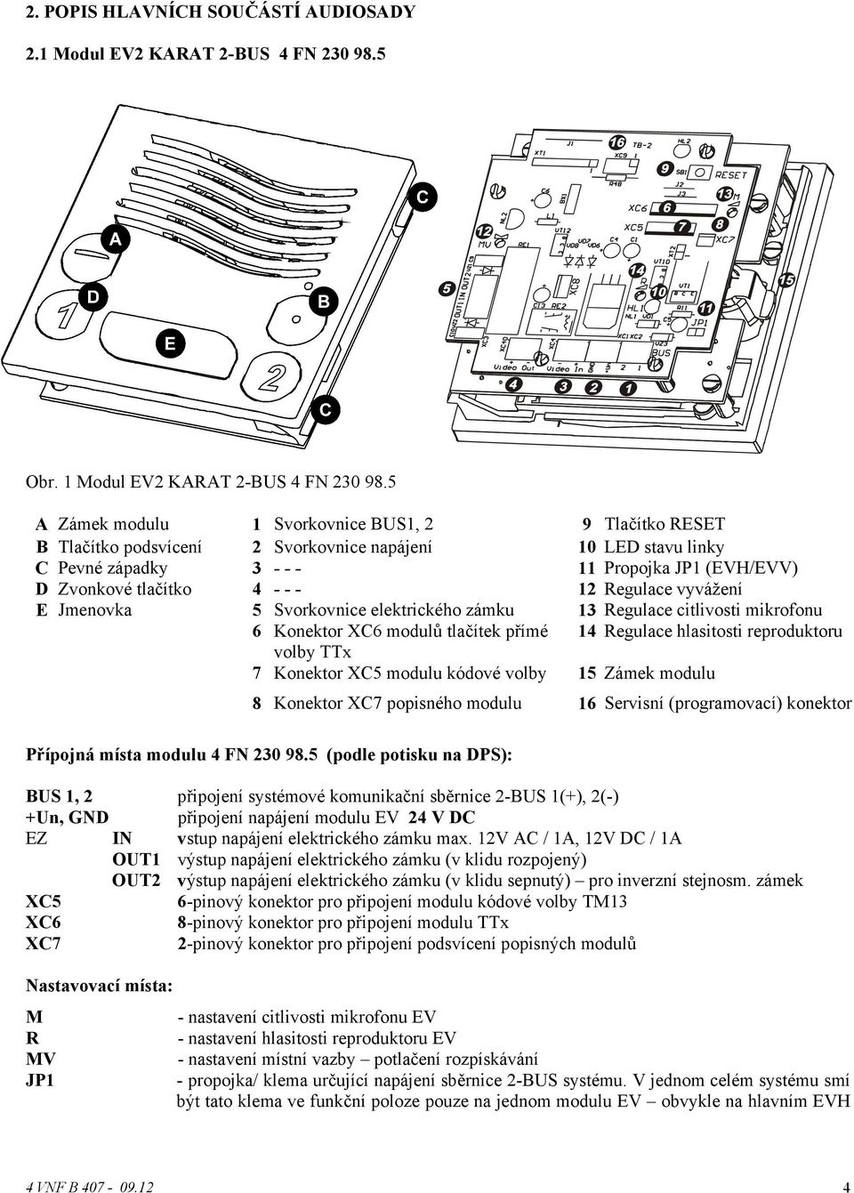 Regulace vyvážení E Jmenovka 5 Svorkovnice elektrického zámku 13 Regulace citlivosti mikrofonu 6 Konektor XC6 modulů tlačítek přímé 14 Regulace hlasitosti reproduktoru volby TTx 7 Konektor XC5 modulu