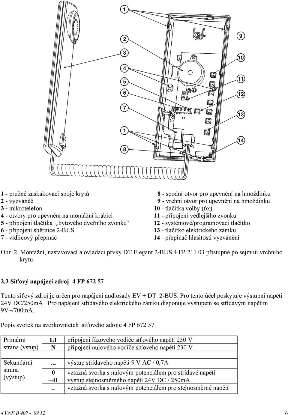 systémové/programovací tlačítko 13 - tlačítko elektrického zámku 14 - přepínač hlasitosti vyzvánění Obr.