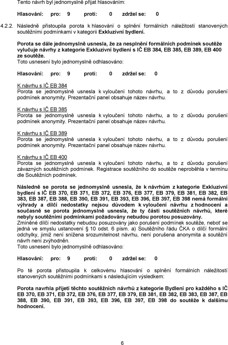 Toto usnesení bylo jednomyslně odhlasováno: K návrhu s IČ EB 384 Porota se jednomyslně usnesla k vyloučení tohoto návrhu, a to z důvodu porušení podmínek anonymity.