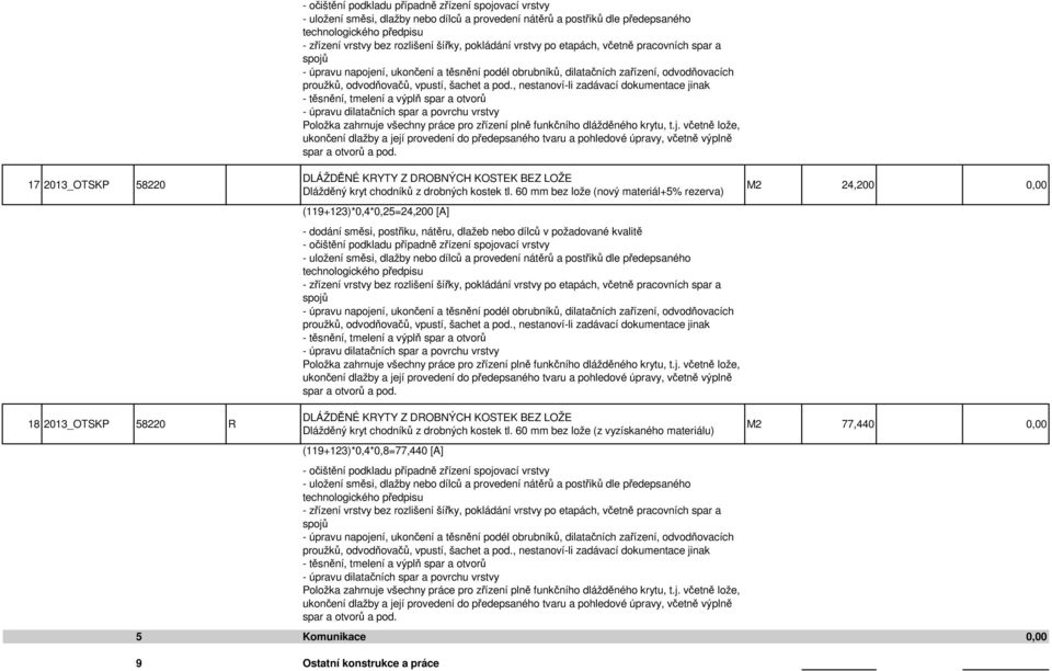 , nestanoví-li zadávací dokumentace jinak - těsnění, tmelení a výplň spar a otvorů - úpravu dilatačních spar a povrchu vrstvy Položka zahrnuje všechny práce pro zřízení plně funkčního dlážděného