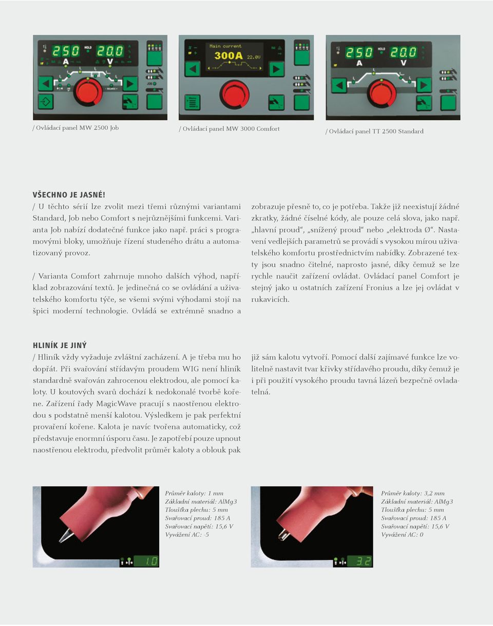 práci s programovými bloky, umožňuje řízení studeného drátu a automatizovaný provoz. / Varianta Comfort zahrnuje mnoho dalších výhod, například zobrazování textů.