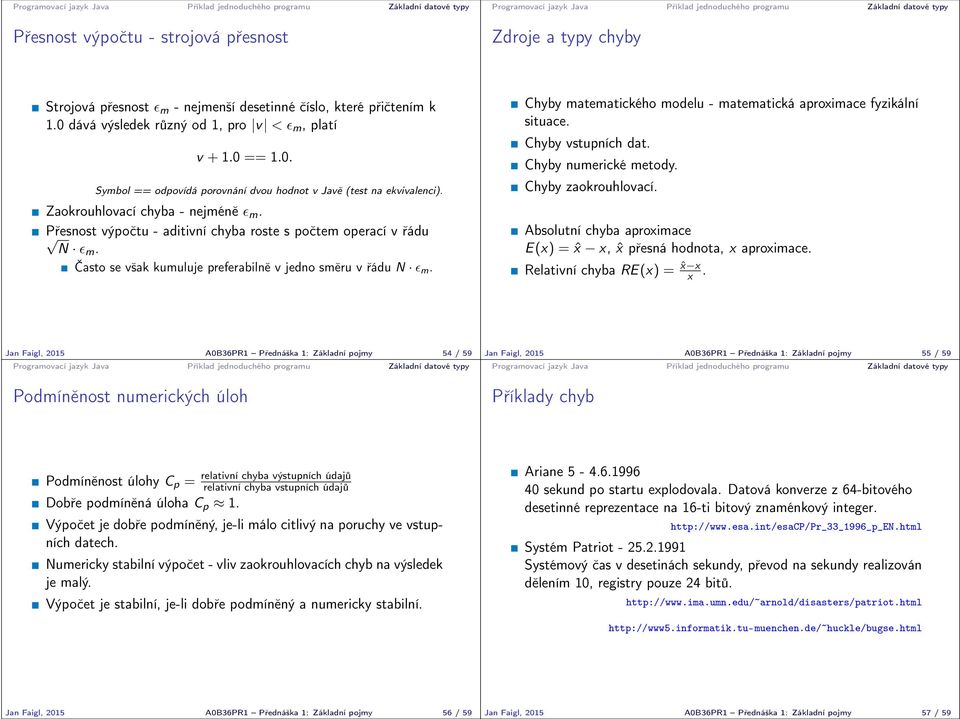 Chyby matematického modelu - matematická aproximace fyzikální situace. Chyby vstupních dat. Chyby numerické metody. Chyby zaokrouhlovací.