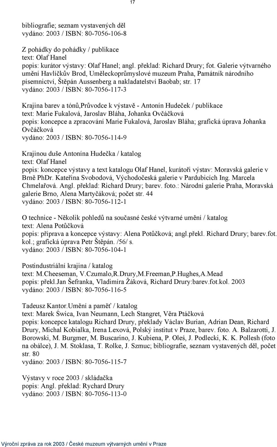 17 vydáno: 2003 / ISBN: 80-7056-117-3 Krajina barev a tónů,průvodce k výstavě - Antonín Hudeček / publikace text: Marie Fukalová, Jaroslav Bláha, Johanka Ovčáčková popis: koncepce a zpracování Marie