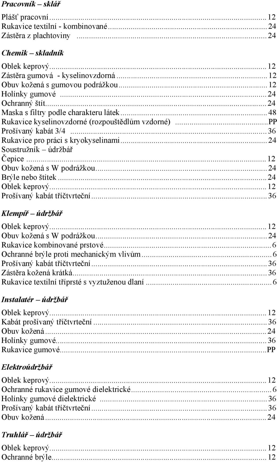 ..36 Rukavice pro práci s kryokyselinami...24 Soustružník údržbář Čepice...12 Obuv kožená s W podrážkou...24 Brýle nebo štítek...24 Oblek keprový...12 Prošívaný kabát tříčtvrteční.