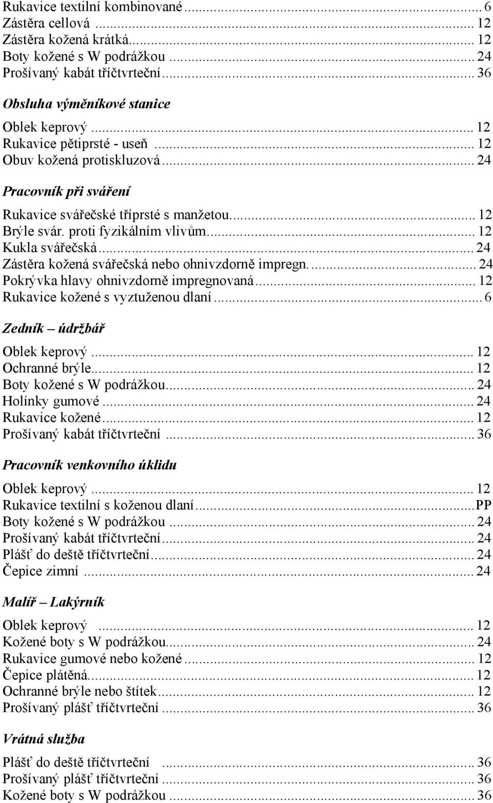 ..24 Zástěra kožená svářečská nebo ohnivzdorně impregn...24 Pokrývka hlavy ohnivzdorně impregnovaná...12 Rukavice kožené s vyztuženou dlaní...6 Zedník údržbář Oblek keprový...12 Ochranné brýle.